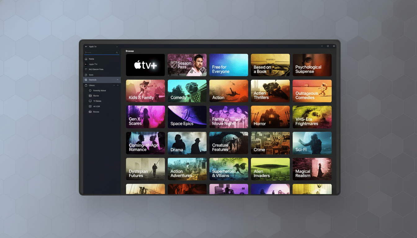 A professional overhead shot of an Apple TV app interface displaying various content categories like Kids & Family, Comedy, Action, Hor ror, Sci -Fi,