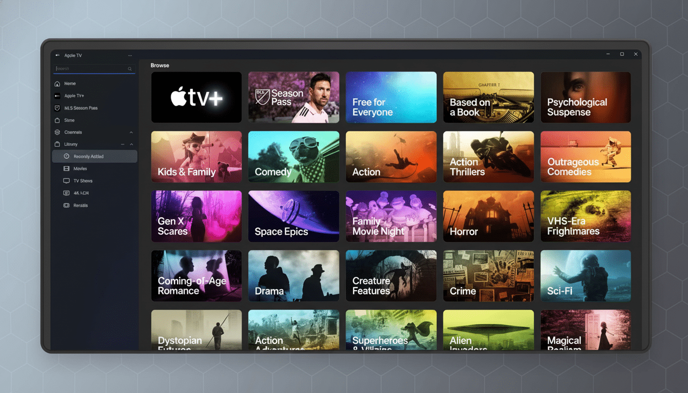 A professional, enhanced screenshot of the Apple TV + app interface, displaying various content categories like Kids & Family, Comedy, Action, Horror,
