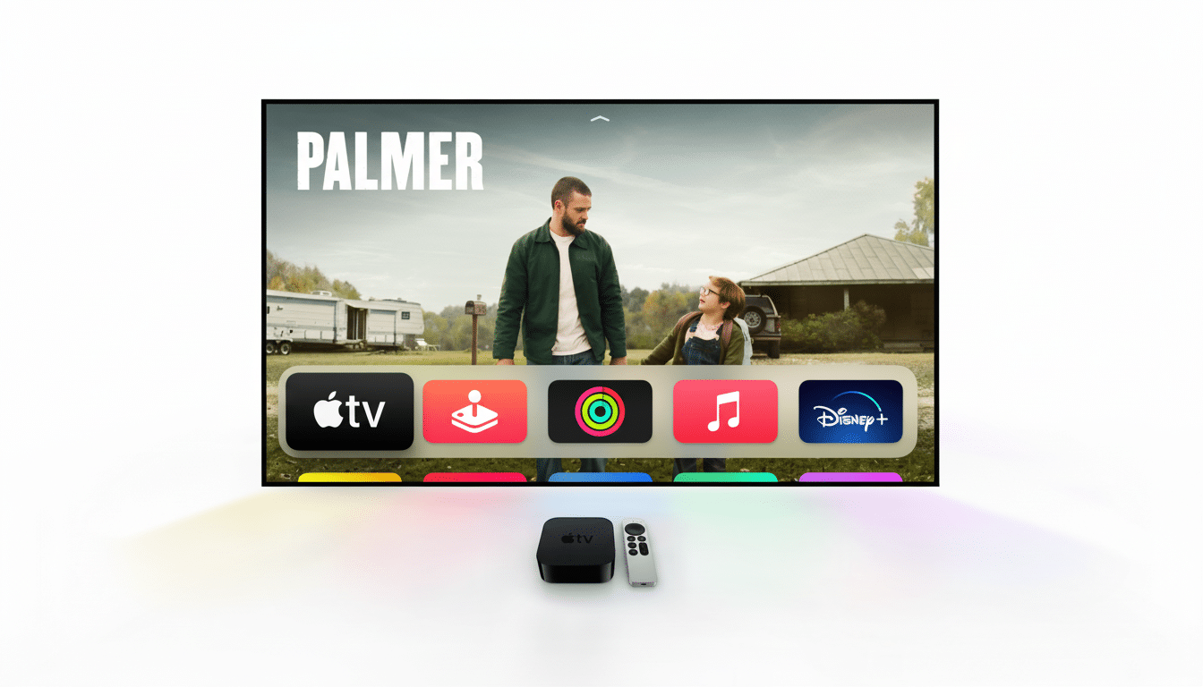 A 16:9 aspect ratio image of an Apple TV 4K box and remote, displaying the Apple TV+ show Palmer on a screen with app icons. Filename : appletv 4k palmer1 69. png