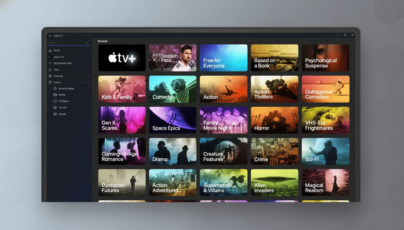 A screenshot of the Apple TV+ interface with various content categories and thumbnails displayed.