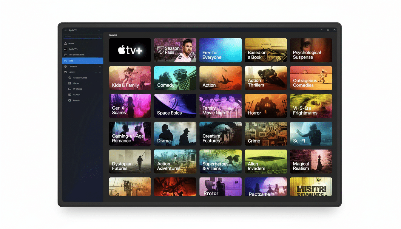 A screenshot of the Apple TV+ interface with various genre categories displayed, including Kids & Family, Comedy, Action, Hor ror, and Sci-Fi, alongsi