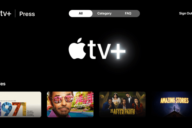 Apple TV+ Press page showing the Apple TV+ logo, navigation menu, and a row of featured series including 1971 , Acapul co, The After Party, and Amazing Stories. Filename : appletv plus presspage .png