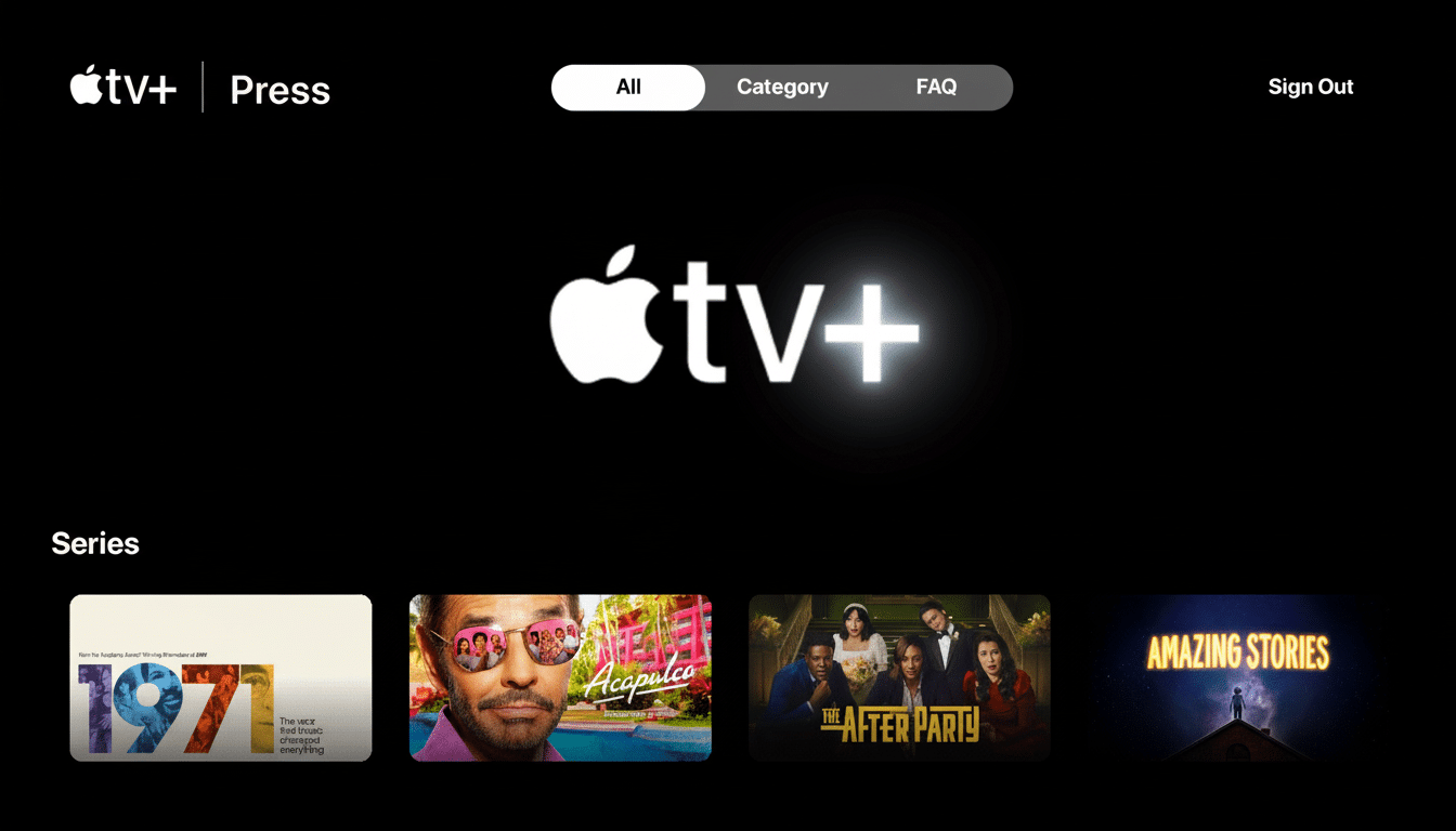 Apple TV+ Press page showing the Apple TV+ logo, navigation menu, and a row of featured series including 1971 , Acapul co, The After Party, and Amazing Stories. Filename : appletv plus presspage .png