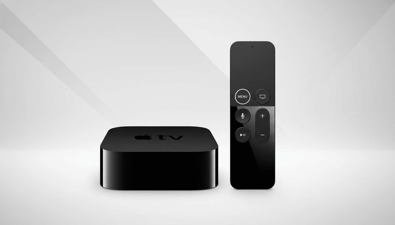 lt Text : An Apple TV 4K device and its remote control, displayed on a clean white background with a