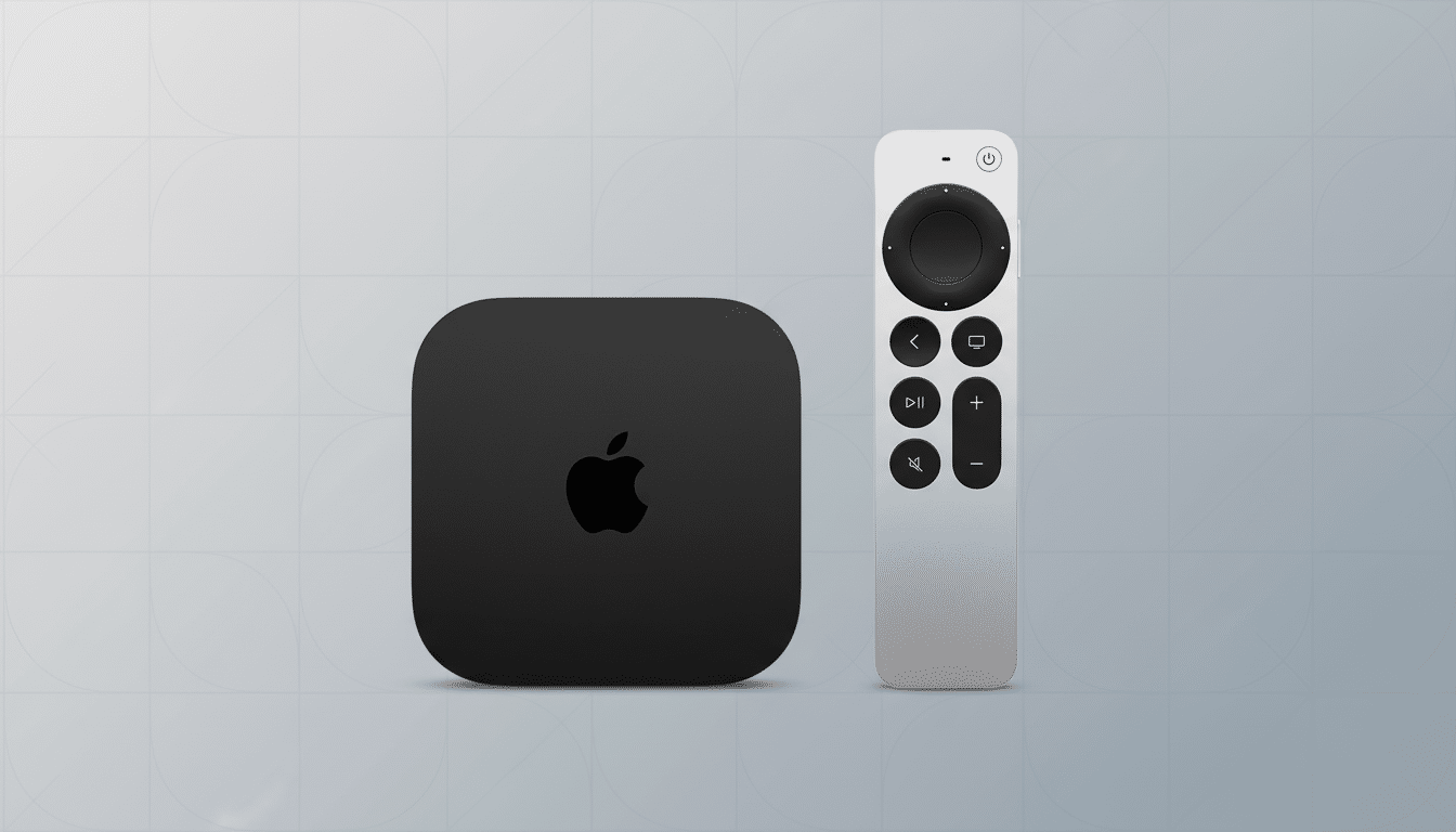 alt text: An Apple TV 4K device and its remote control , professionally presented on a subtle grey