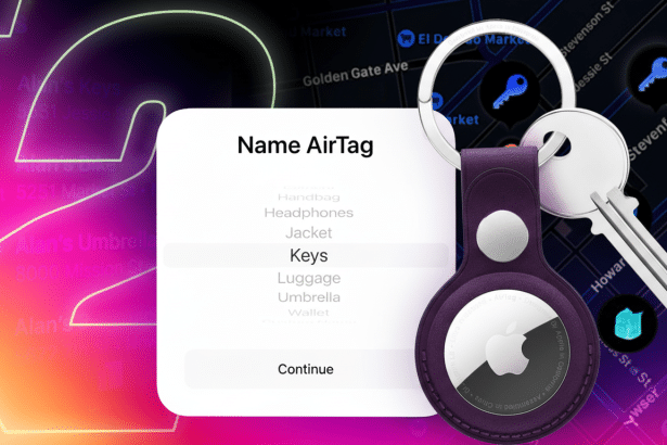 A close-up of an Air Tag in a purple leather holder attached to keys, next to a smartphone screen displaying the Name Air Tag interface with Keys selected, all set against a blurred background with map elements and glowing outlines .