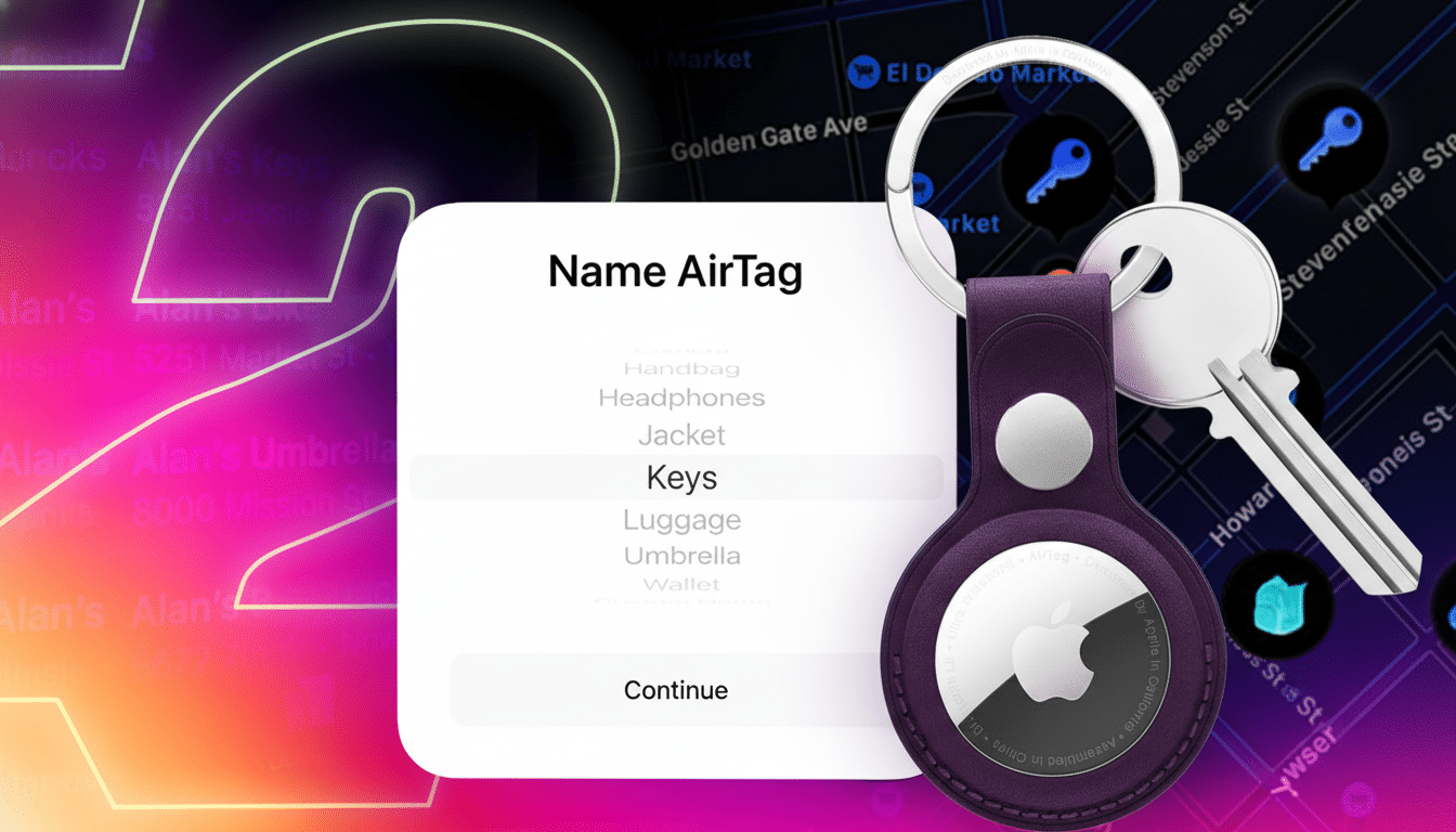 A close-up of an Air Tag in a purple leather holder attached to keys, next to a smartphone screen displaying the Name Air Tag interface with Keys selected, all set against a blurred background with map elements and glowing outlines .