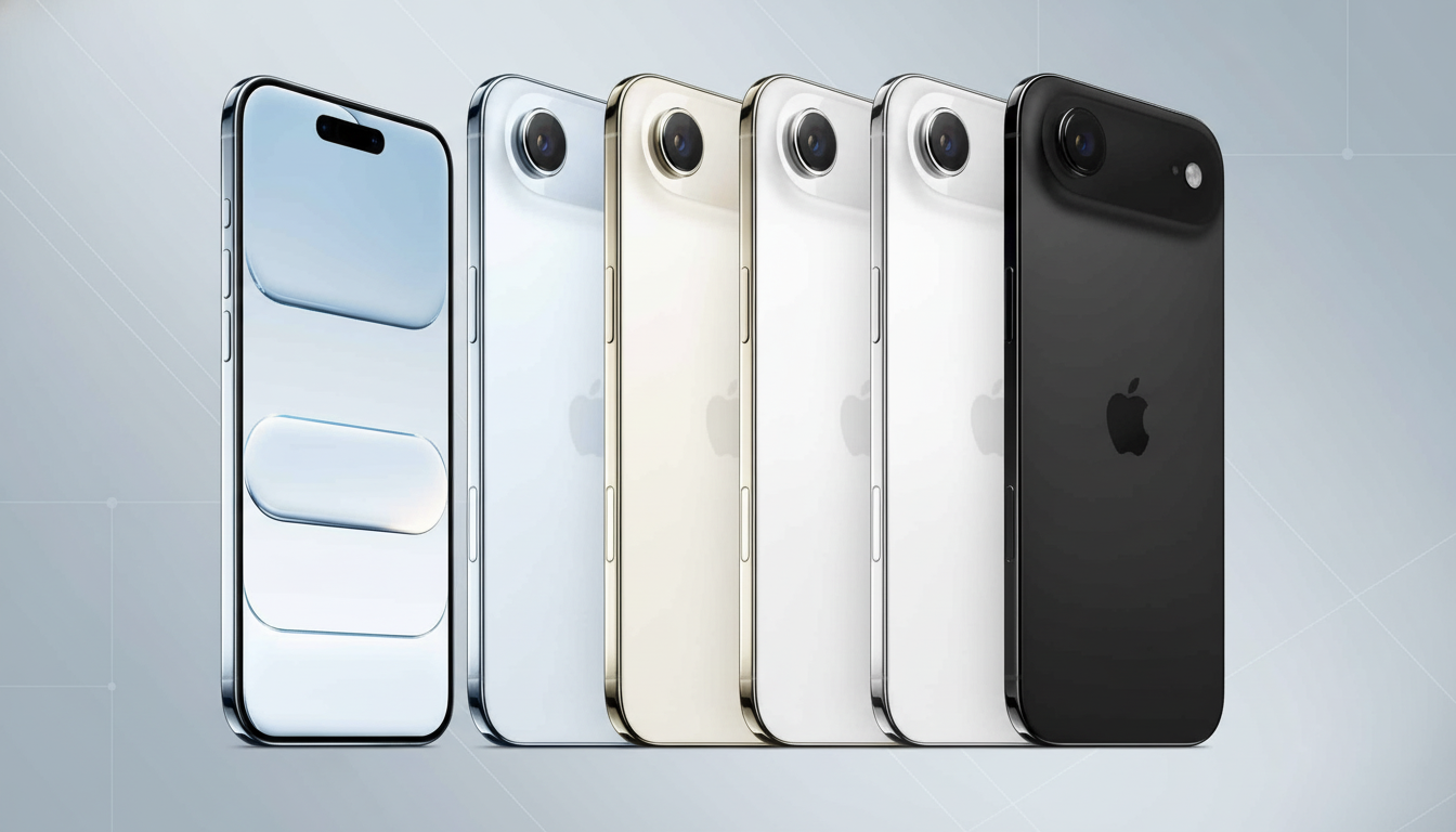 A professional shot of five smartphones in various colors ( blue, silver, gold, white, and black) lined up diagonally against a soft gray gradient bac