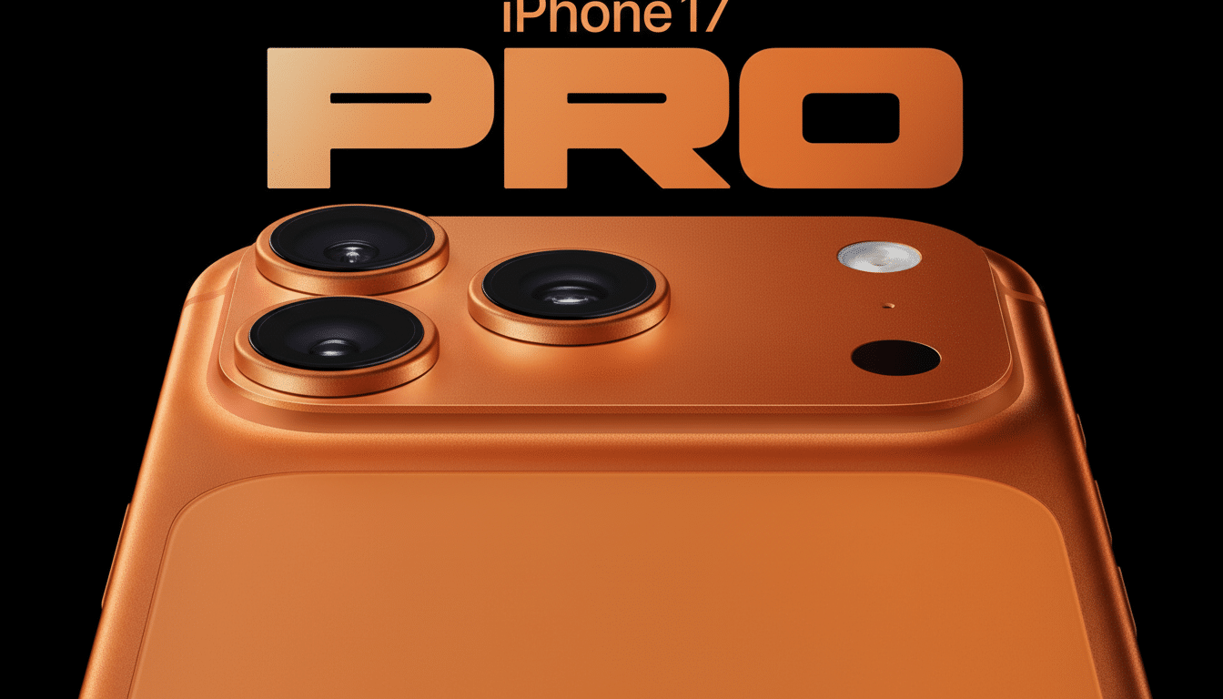 An orange iPhone 17 Pro with three camera lenses on the back, set against a black background with iPhone 17 PRO text above.