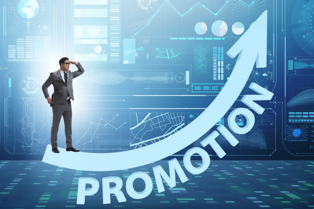 A man in a suit standing on a large upward arrow with the word PROMOTION written on it, set against a futuristic blue digital interface background.