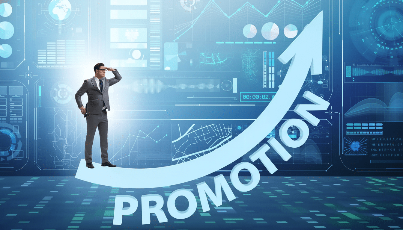 A man in a suit standing on a large upward arrow with the word PROMOTION written on it, set against a futuristic blue digital interface background.