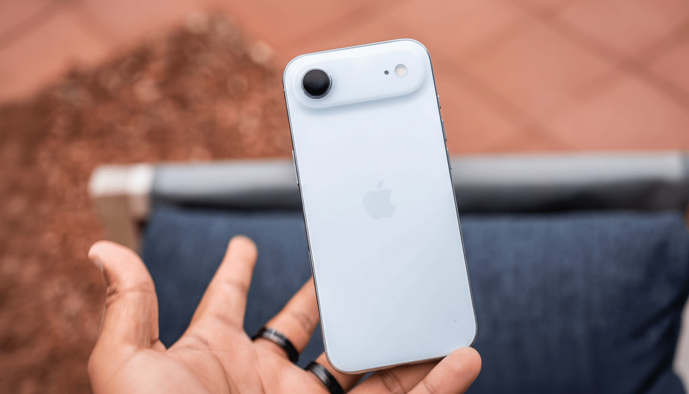 A hand holding an iPhone SE (20 22) in white, showcasing its back camera and Apple logo.