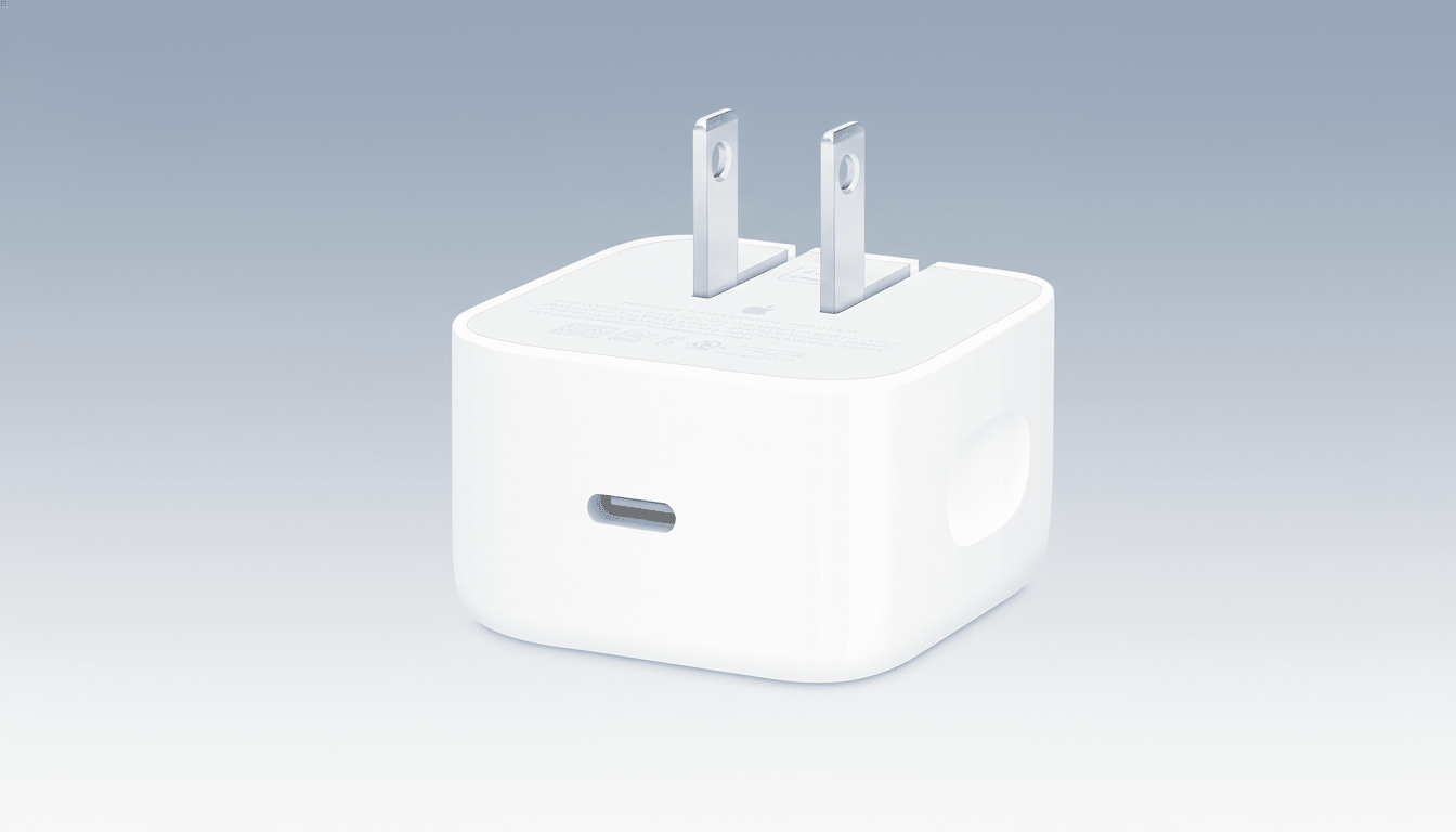 A white Apple USB -C power adapter on a professional flat gray background.