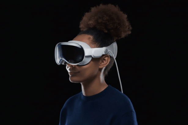 A person wearing a white virtual reality headset, looking to the right. The background is solid black. Filename : person wearingvr headset. png