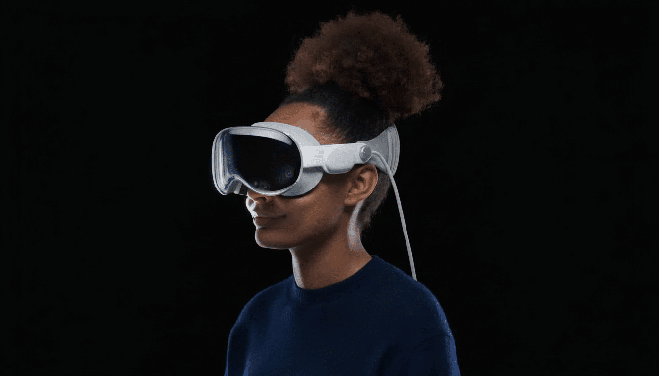 A person wearing a white virtual reality headset, looking to the right. The background is solid black. Filename : person wearingvr headset. png