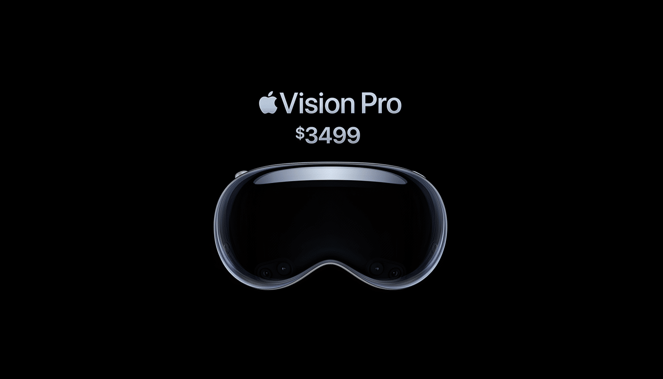 A professional image of the Apple Vision Pro headset against a black background, with the Apple logo, Vision Pro, and  99 text displayed above it .