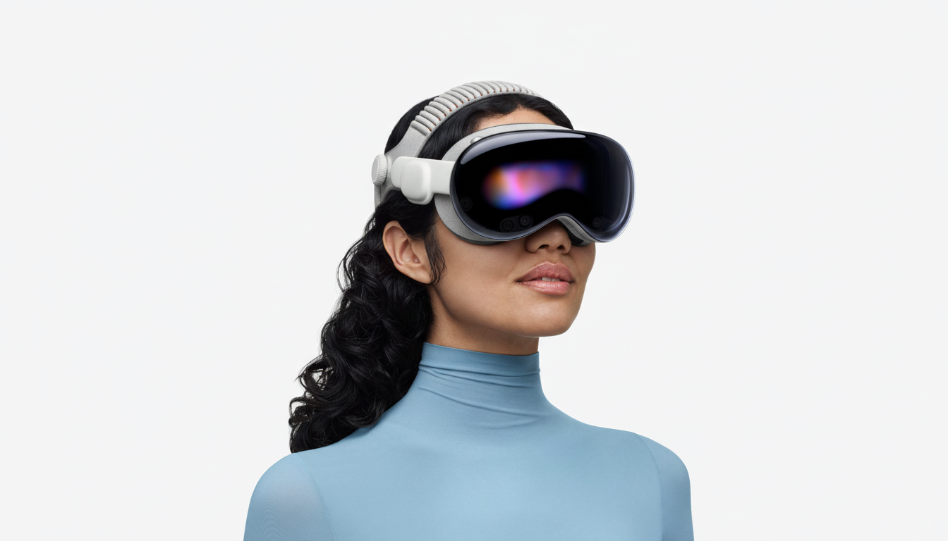 A woman with dark, curly hair wearing a light blue turtleneck and a sleek, futuristic white and black VR headset with a colorful display.