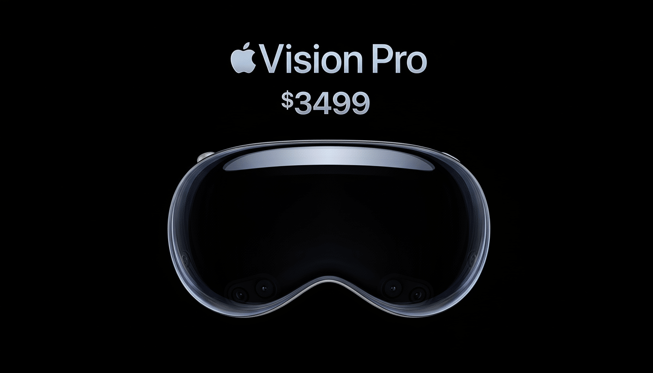 Apple Vision Pro headset with its price on a black background.