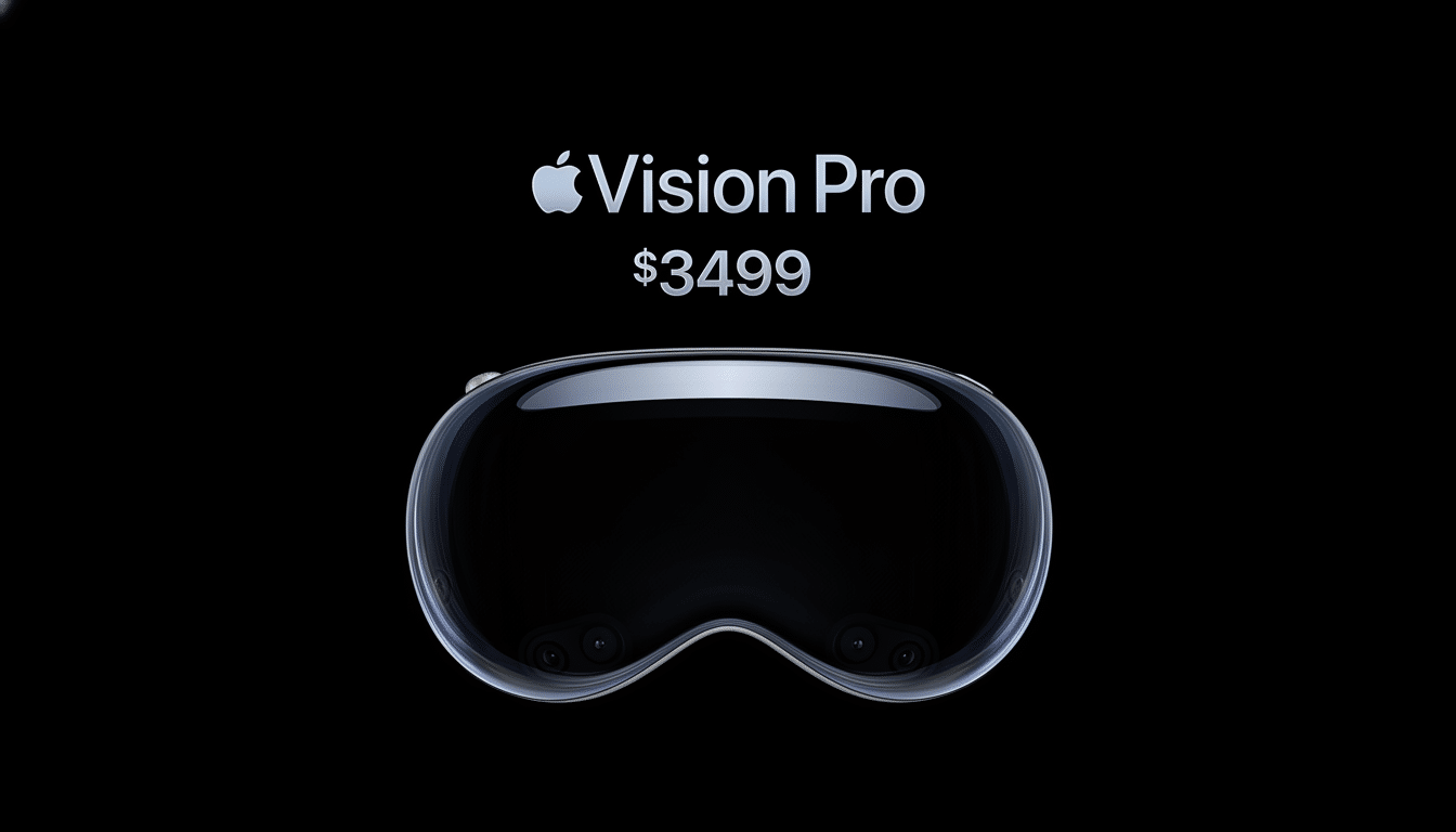 The Apple Vision Pro headset, priced at  499, against a minimalist black background.