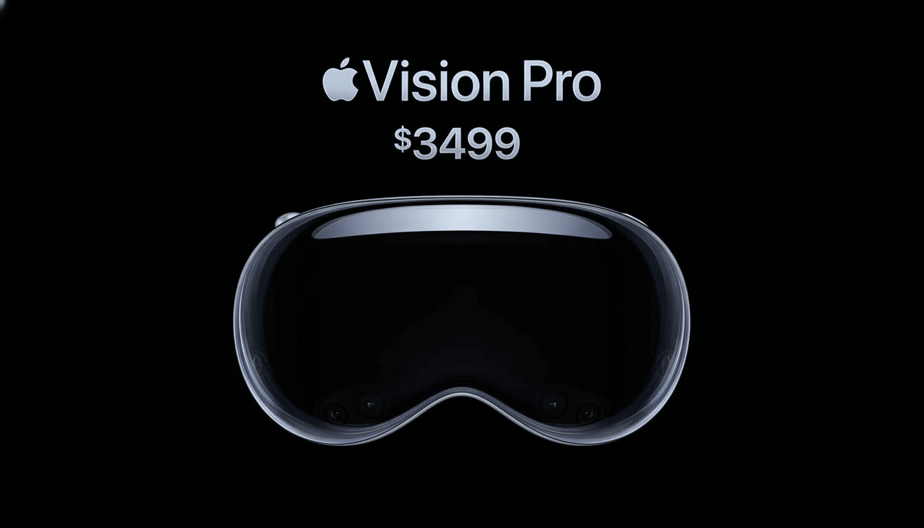 Apple Vision Pro headset displayed with its name and price ($ 3499 ) against a black background. Filename : applevision prohead set.png