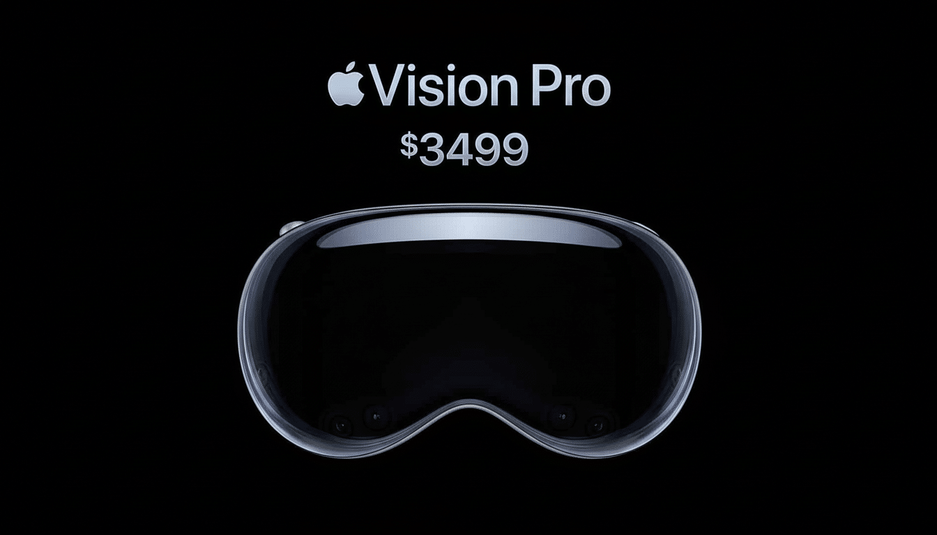 Apple Vision Pro headset displayed with its name and price on a black background.