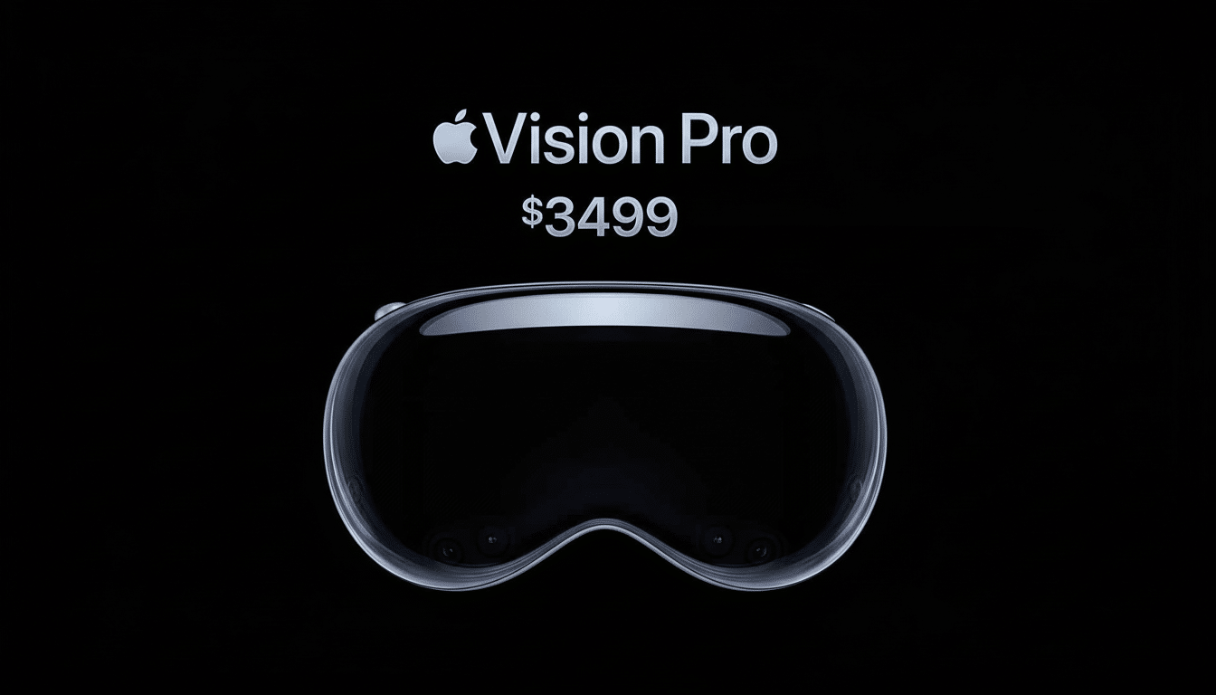 A professional image of the Apple Vision Pro headset , priced at $ 3499 , against a stark black background, resized to a 16: 9 aspect ratio.