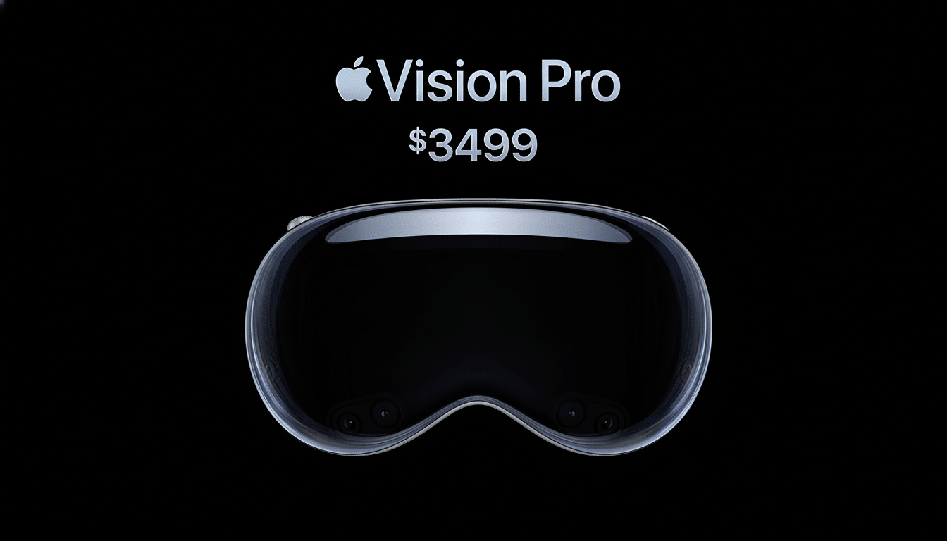 An Apple Vision Pro headset shown with its name and price ($ 3499 ) on a black background, resized to a 16: 9 aspect ratio.