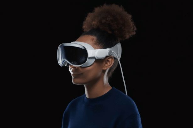 A person with dark, curly hair in a bun wearing a white and grey virtual reality headset , looking slightly to the right against a plain dark background .