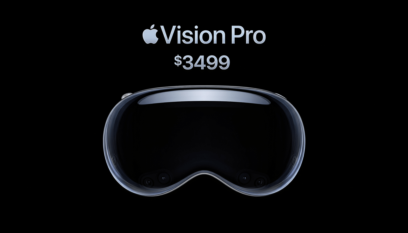 Apple Vision Pro headset with Vision Pro logo and  99 price tag, displayed on a black background.