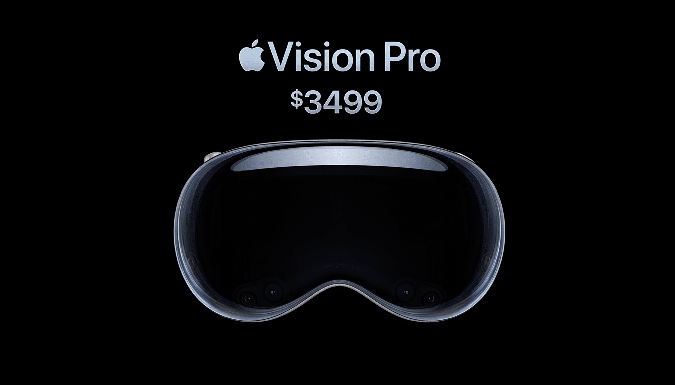 The Apple Vision Pro headset, priced at  499, against a black background. Filename : apple visionpro headset. png