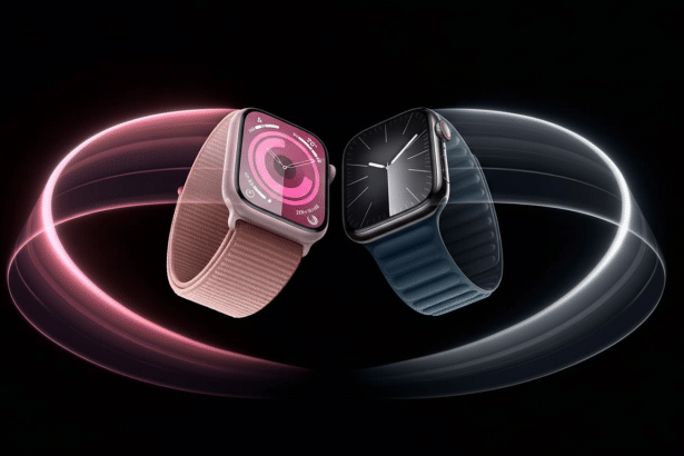 Two Apple Watches, one pink with a digital display and one blue with an analog display, against a dark background with pink and grey light trails.
