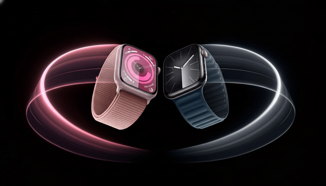 Two Apple Watches, one pink with a digital display and one blue with an analog display, against a dark background with pink and grey light trails.