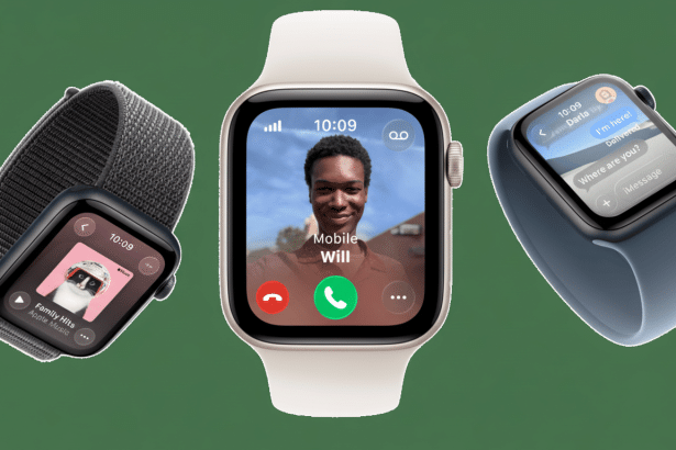 Three Apple Watches are shown with various features. The center watch displays an incoming video call from Will. The watch on the left shows Apple Mus