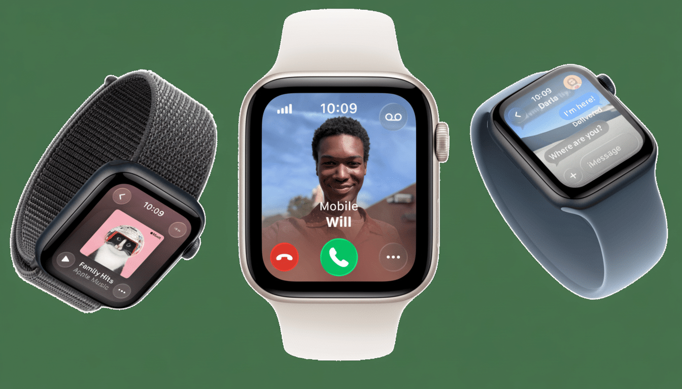 Three Apple Watches are shown with various features. The center watch displays an incoming video call from Will. The watch on the left shows Apple Mus