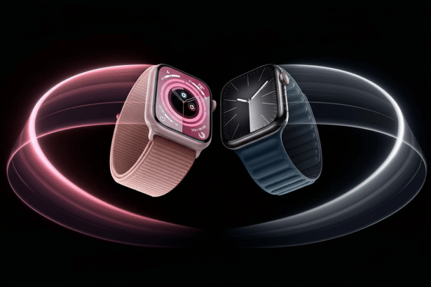 alt text= Two Apple Watches, one with a pink band and a digital display showing health metrics, a
