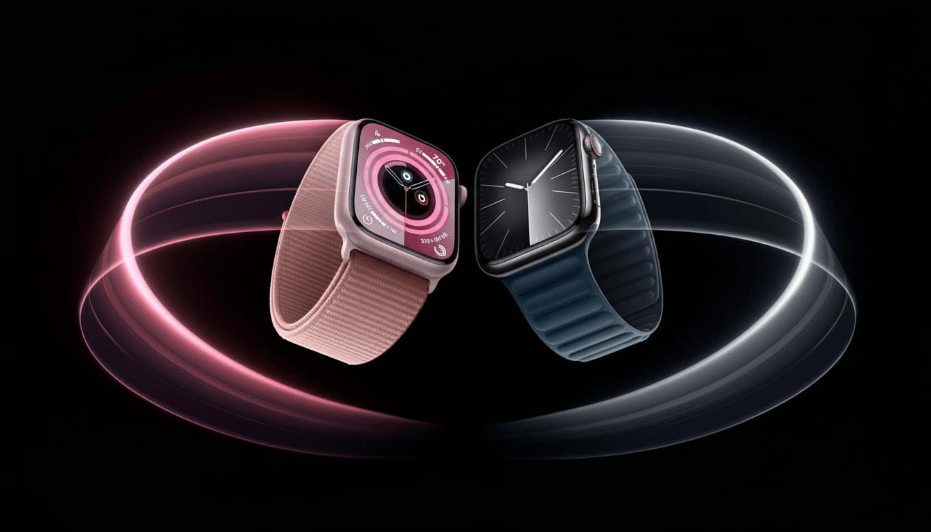 alt text= Two Apple Watches, one with a pink band and a digital display showing health metrics, a