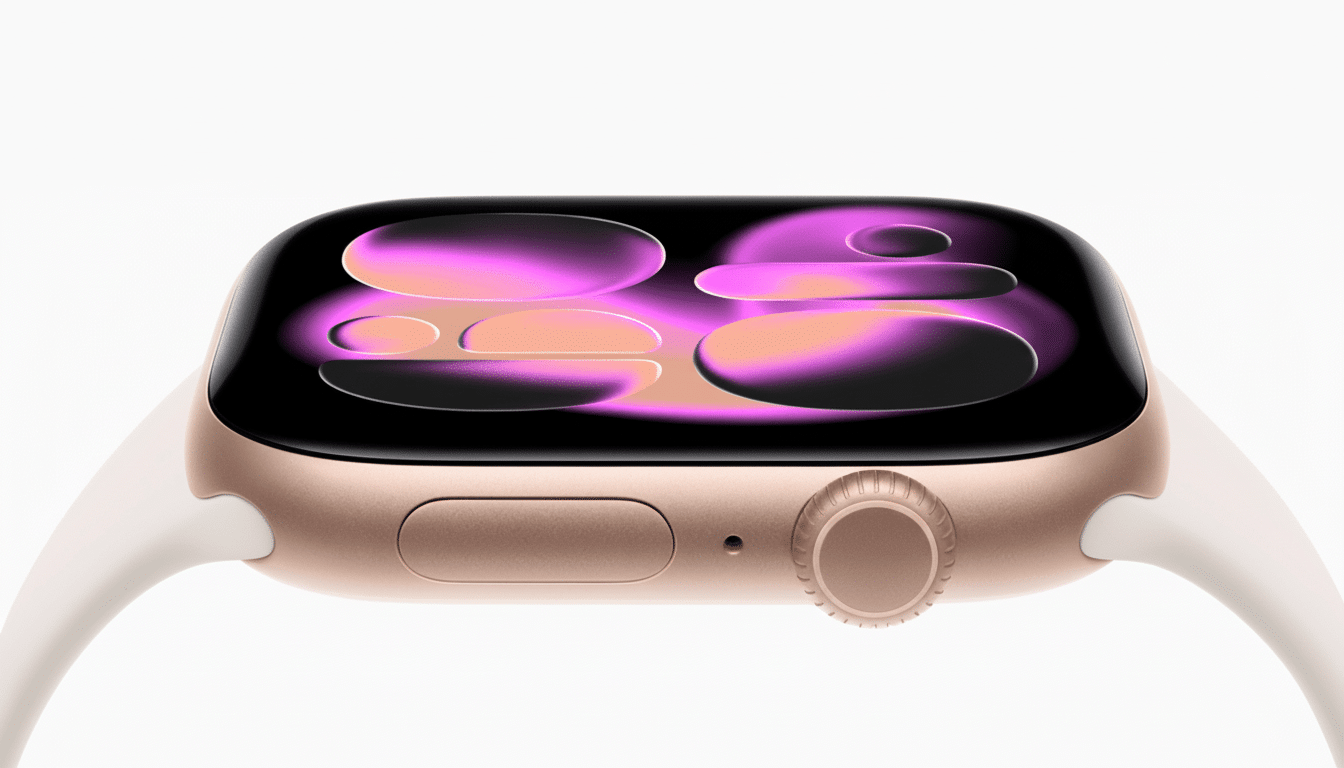 Close -up of a gold Apple Watch with a white band, displaying a vibrant purple and orange abstract watch face on a white background.
