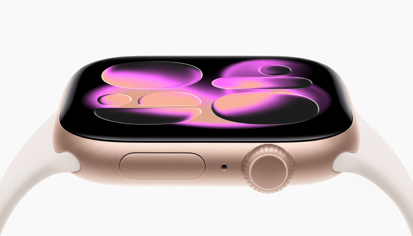 A close -up, side view of a gold- colored Apple Watch with a white band, displaying a vibrant abstract pink and orange watch face on a white backgroun