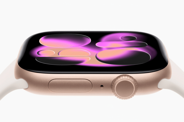 A close-up, professional shot of a gold Apple Watch with a white band, displaying a colorful, abstract watch face. Filename : apple watchgold whiteband .png