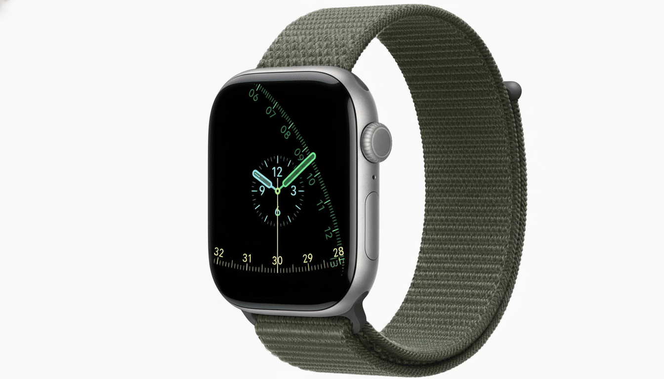 An Apple Watch with a grey case and a green fabric band, displaying a watch face with a blue and green clock and a date complication.