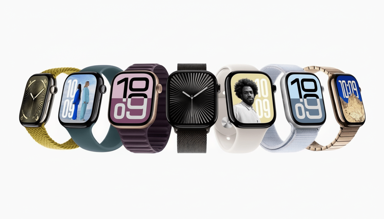 A professional lineup of seven Apple Watch models, each with different band colors and watch faces, displayed against a clean white background.