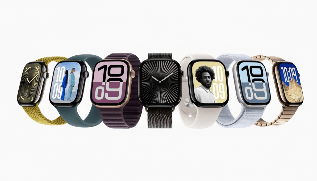 A professional lineup of seven Apple Watch models , each with different band colors and watch faces, displayed against a clean white background.