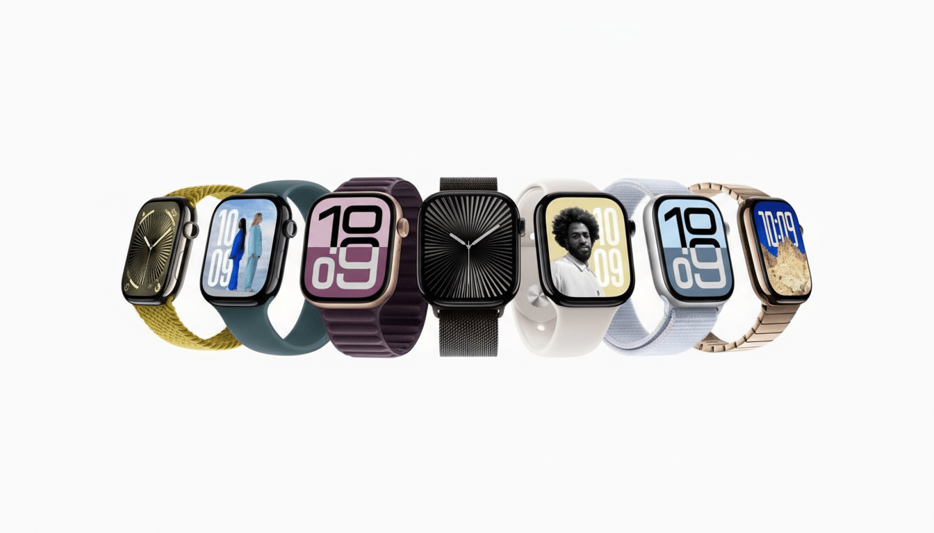 A professional lineup of seven Apple Watch models , each showcasing different bands and watch faces, presented on a clean white background.