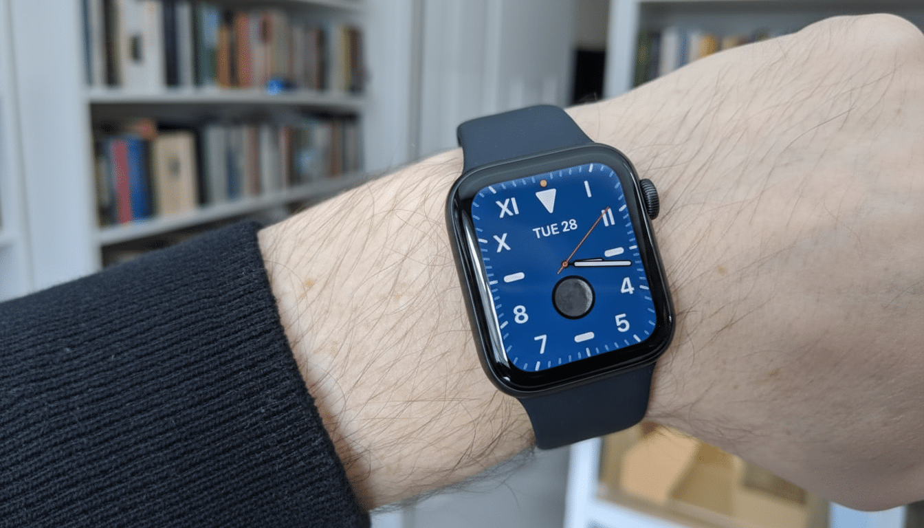 A person s arm wearing a black Apple Watch with a blue watch face showing the time, date ( T UE 28 ), and moon phase.