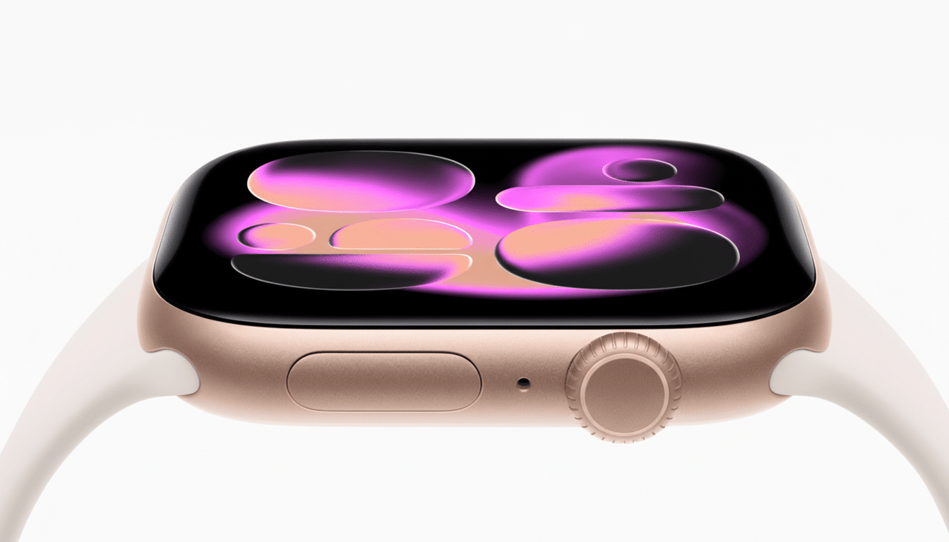 A gold Apple Watch with a white band, displaying a colorful, abstract watch face, on a pure white background.