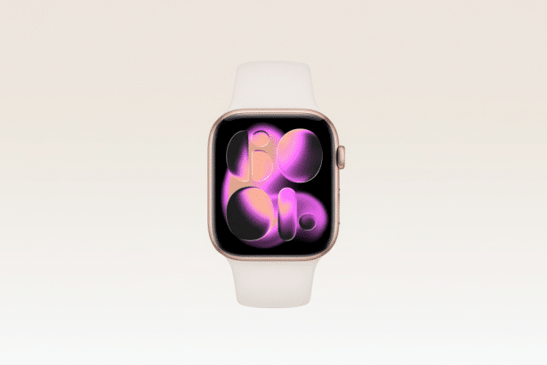 An Apple Watch with a rose gold casing and white sport band, displaying a colorful, abstract watch f