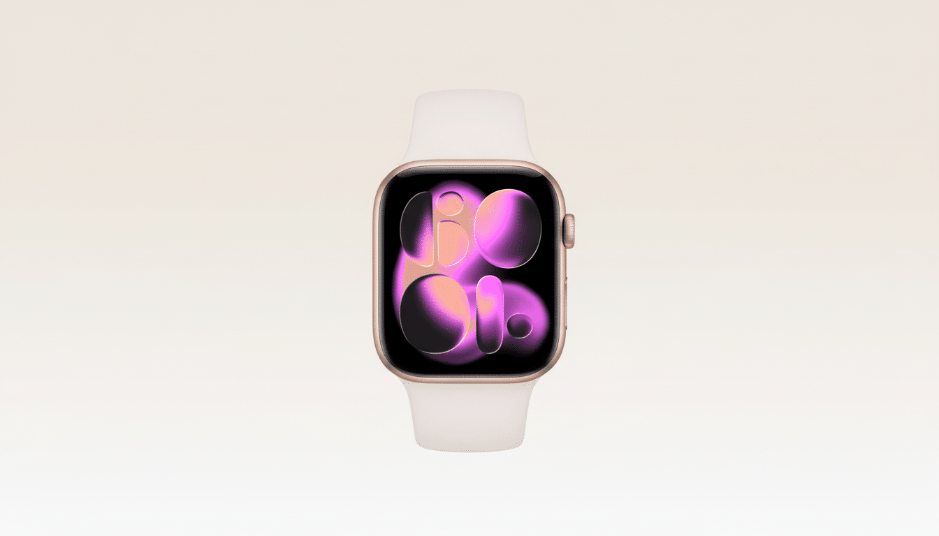 An Apple Watch with a rose gold casing and white sport band, displaying a colorful, abstract watch f