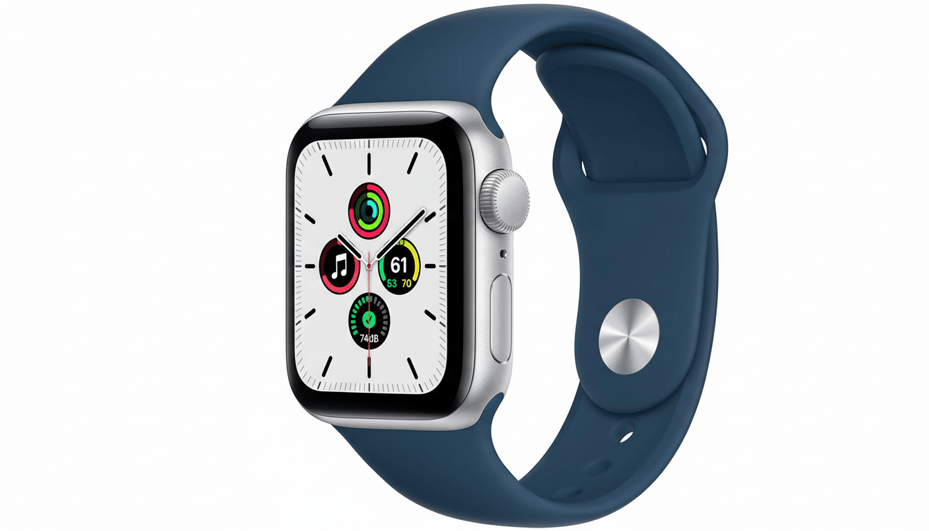 An Apple Watch SE with a silver aluminum case and a deep navy sport band, displaying a customizable watch face with activity rings , heart rate, and dec ibel level. Filename : applewatch senavy band . png