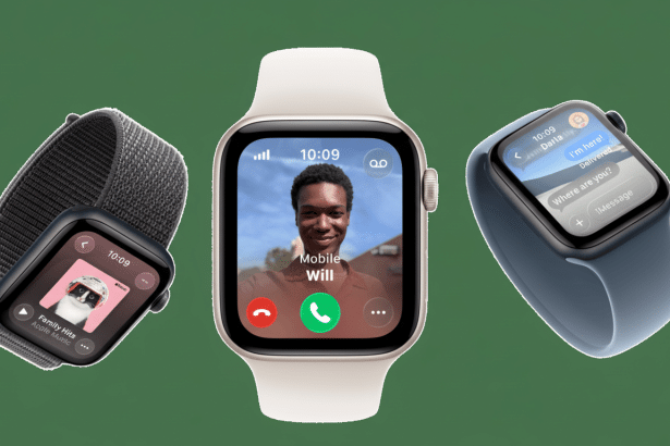 Three Apple Watches displayed at different angles on a green background. The central watch shows a video call with a person named Will, the left watch