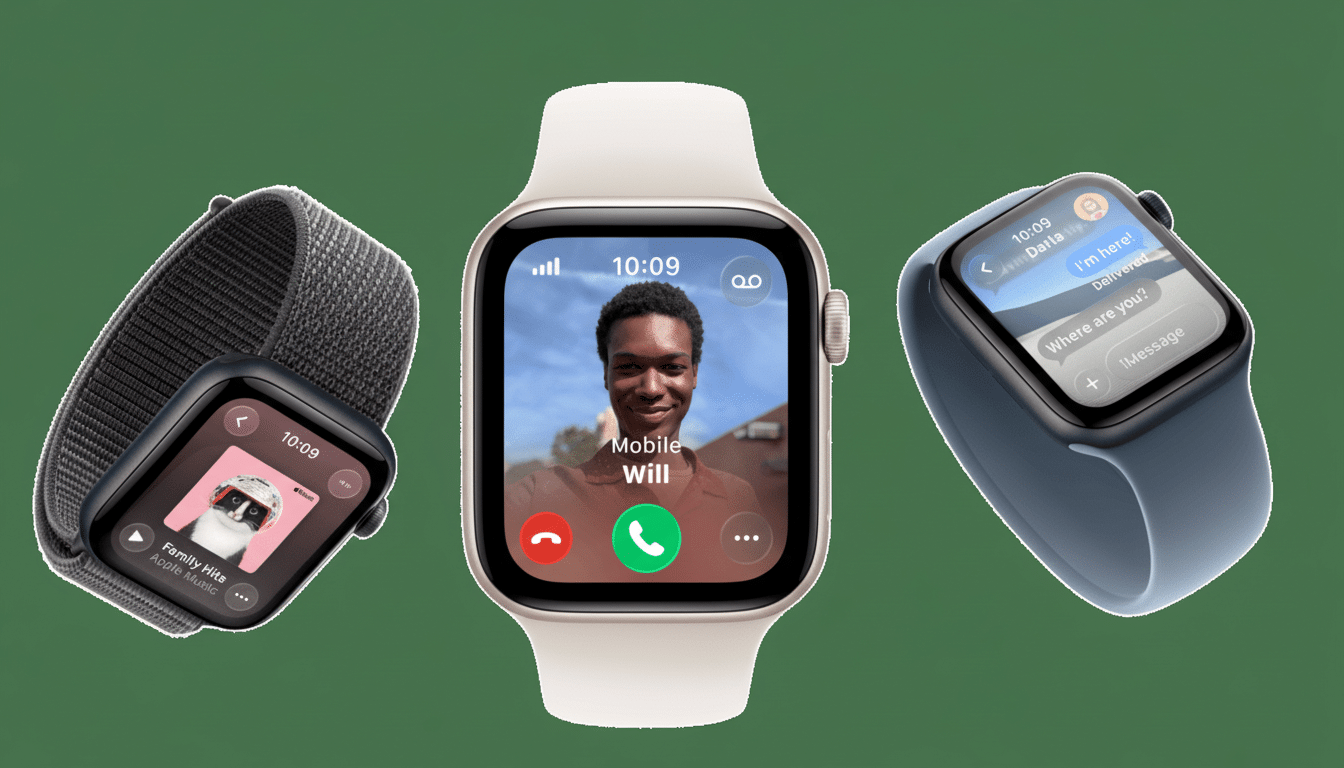 Three Apple Watches displayed at different angles on a green background. The central watch shows a video call with a person named Will, the left watch